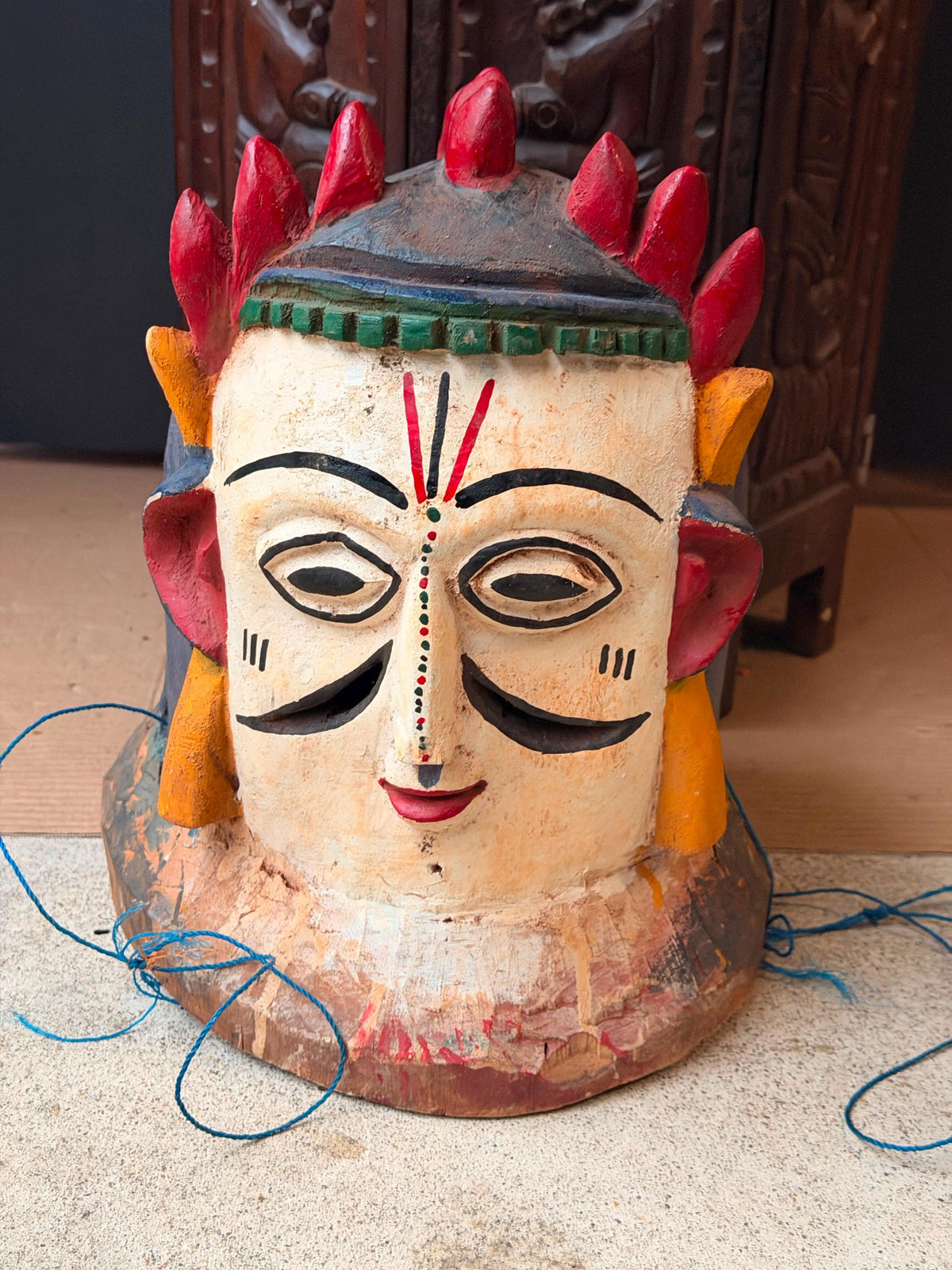 Vintage Igala African Carved Wood Helmet Mask Polychrome Tribal Folk Art