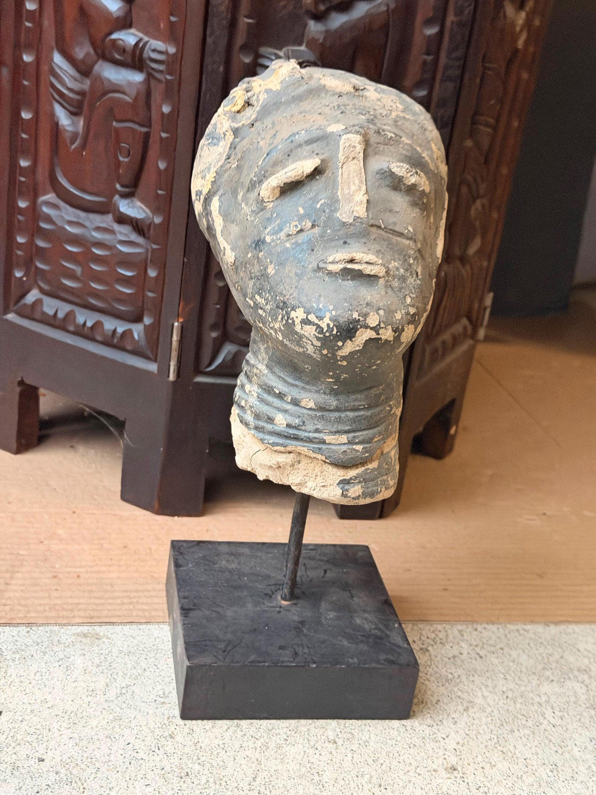 Akan Terracotta Memorial Head West African Clay Sculpture Ghana on Stand