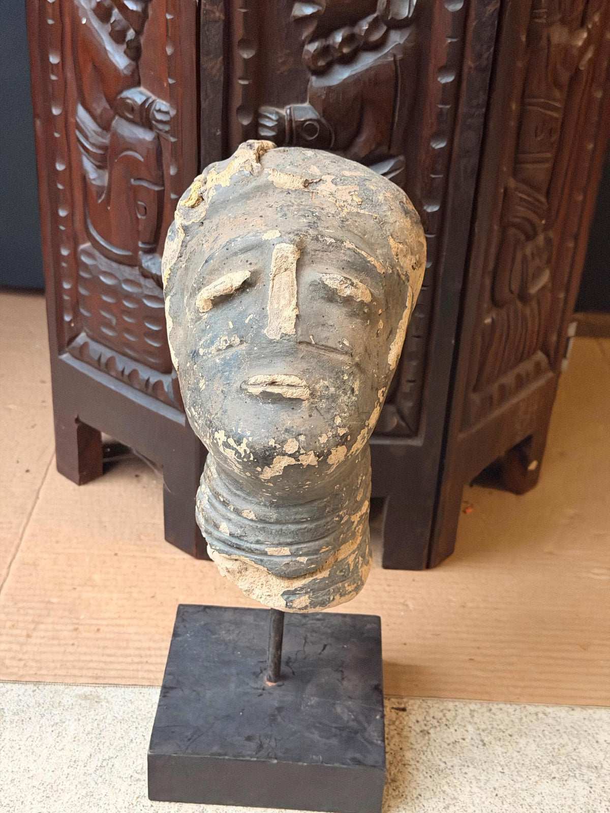 Akan Terracotta Memorial Head West African Clay Sculpture Ghana on Stand