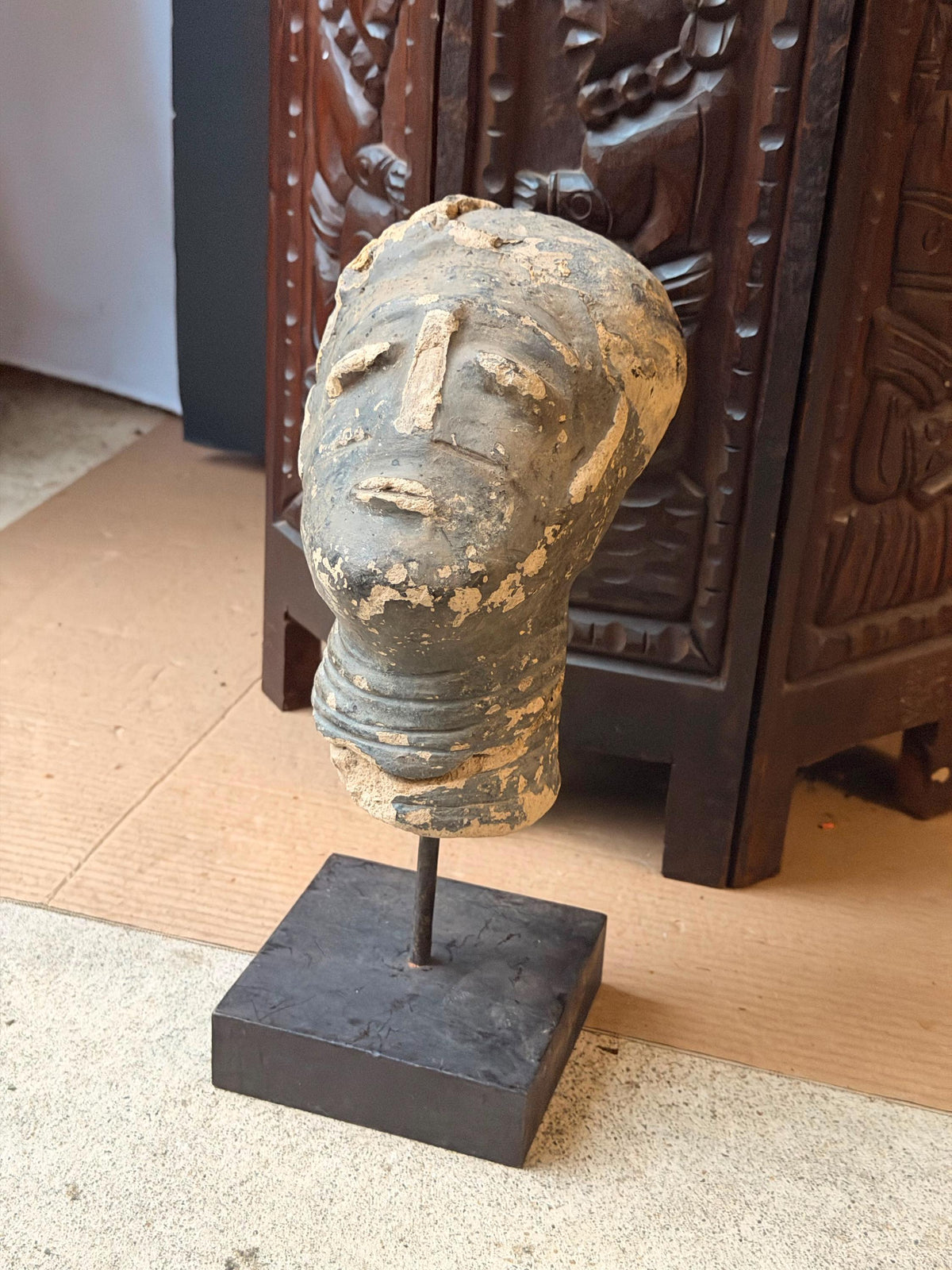 Akan Terracotta Memorial Head West African Clay Sculpture Ghana on Stand