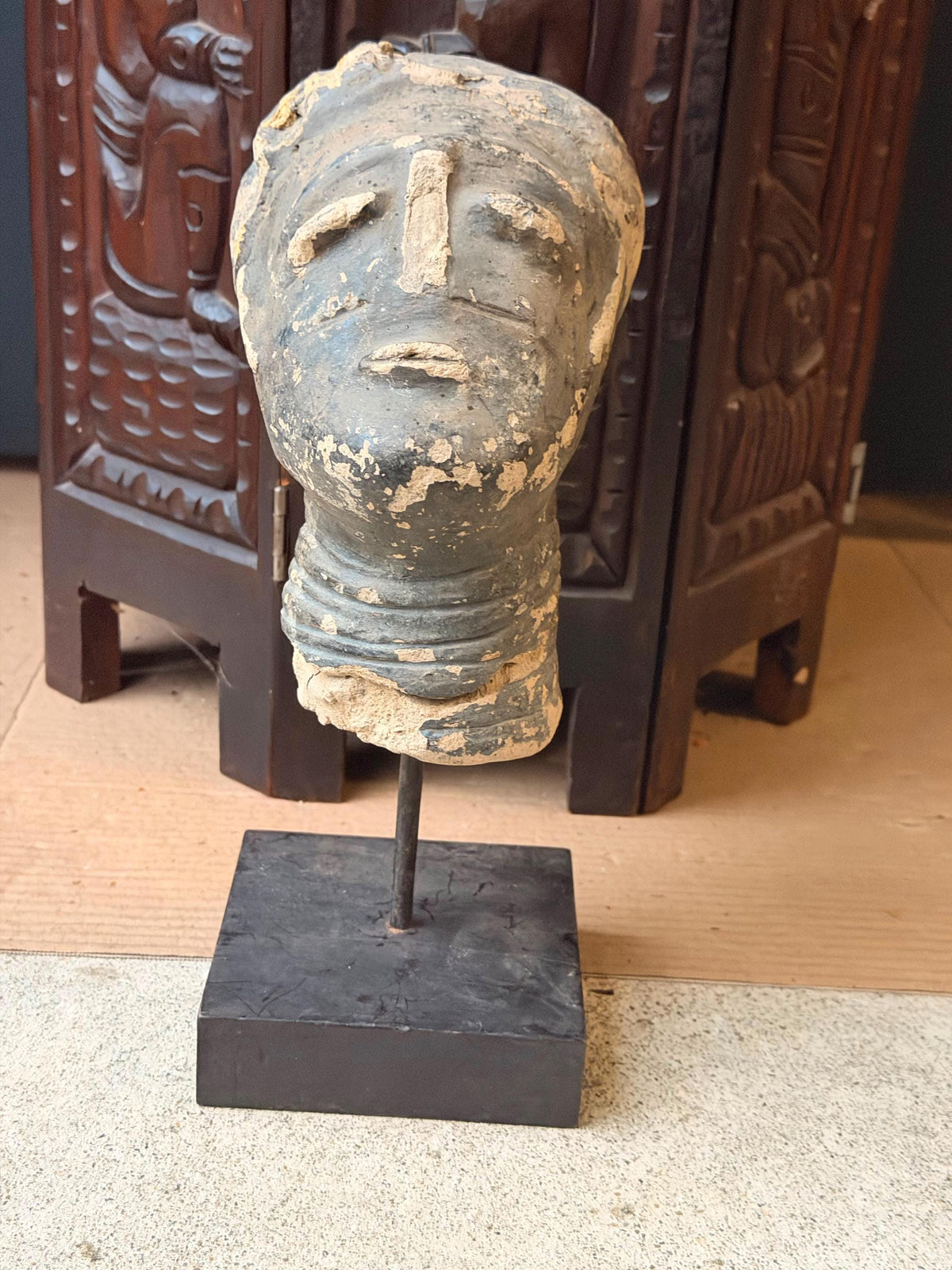 Akan Terracotta Memorial Head West African Clay Sculpture Ghana on Stand