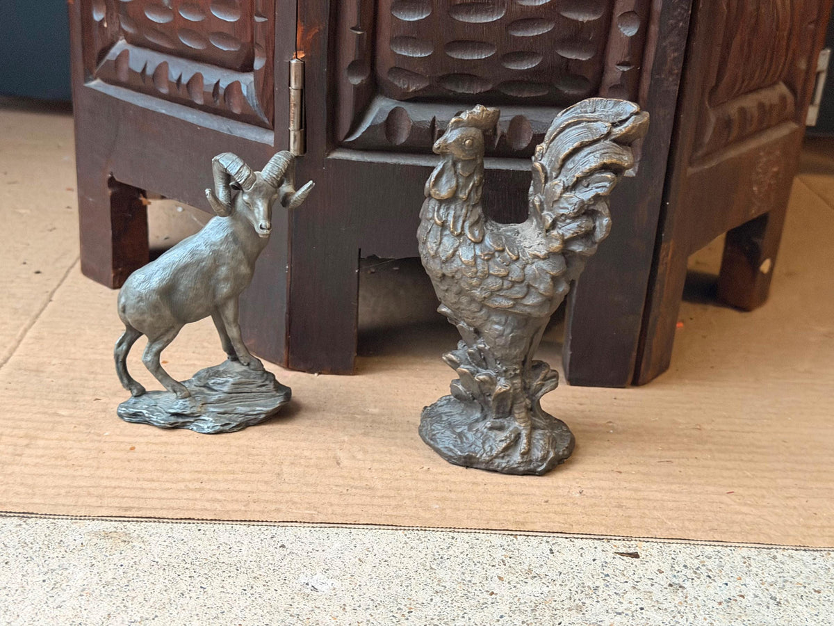 Vintage Pewter Bighorn Sheep 1975 Franklin Mint & Cast Metal Rooster Statues