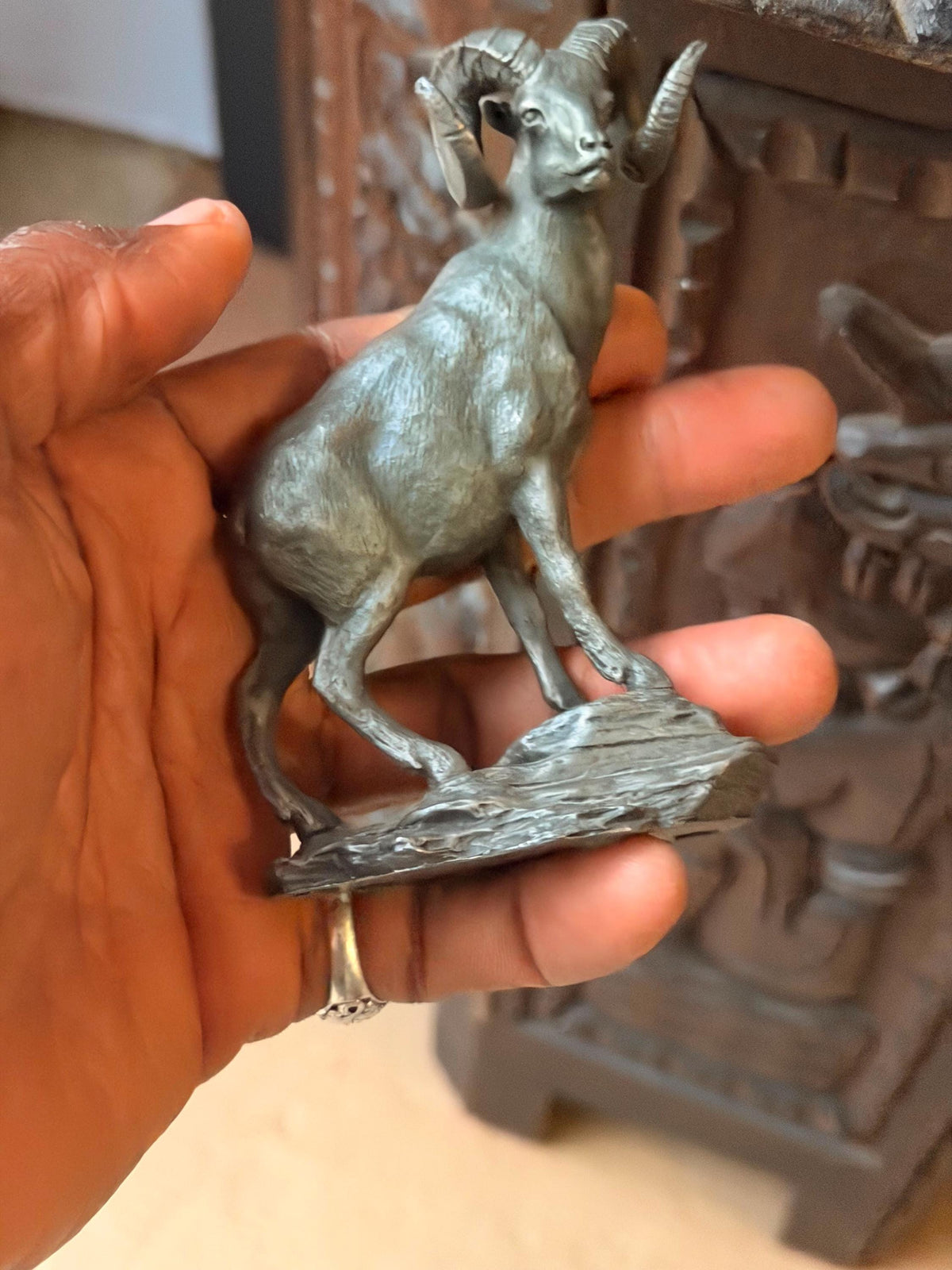Vintage Pewter Bighorn Sheep 1975 Franklin Mint & Cast Metal Rooster Statues