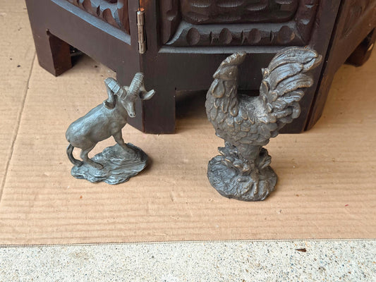 Vintage Pewter Bighorn Sheep 1975 Franklin Mint & Cast Metal Rooster Statues