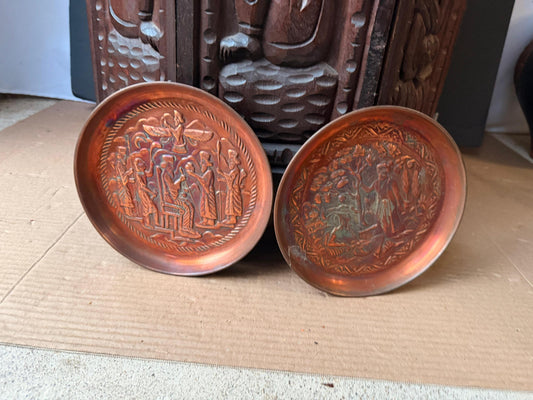 Vintage Near Eastern Relief Copper Plates 6.8" Wall Decor Court Scene 2pc Lot