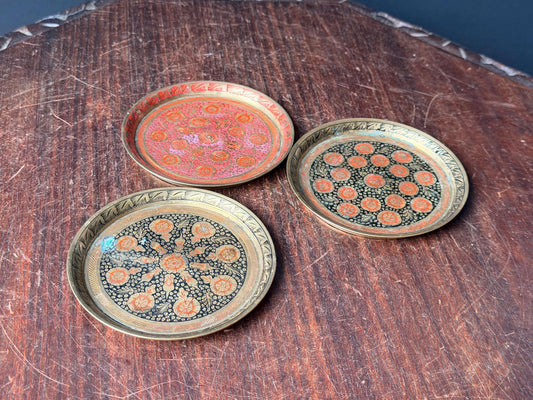 Vintage Enamel Brass Coasters 4" Set of 3 India Black Red Floral Dishes