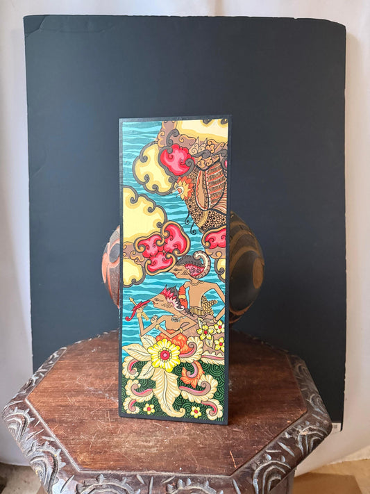 Vintage Wayang Folk Art Wood Panel Plaque Hand Painted Indonesian Wall Decor 16"