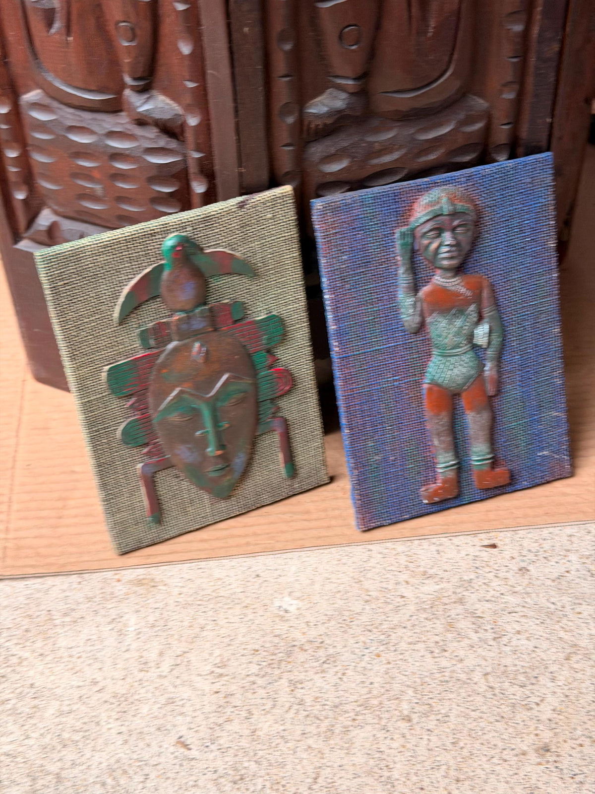 Vintage Mid-Century African Mask & Figure Wall Plaque Pair Verdigris Art