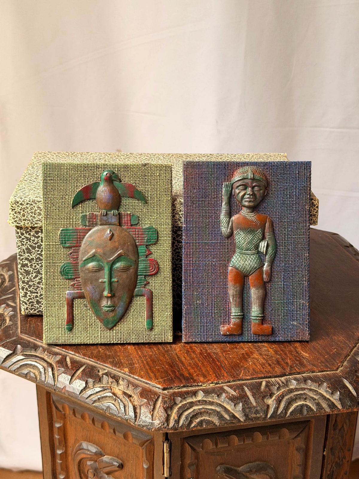 Vintage Mid-Century African Mask & Figure Wall Plaque Pair Verdigris Art