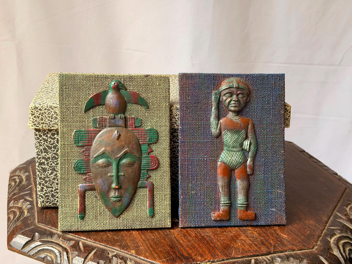 Vintage Mid-Century African Mask & Figure Wall Plaque Pair Verdigris Art