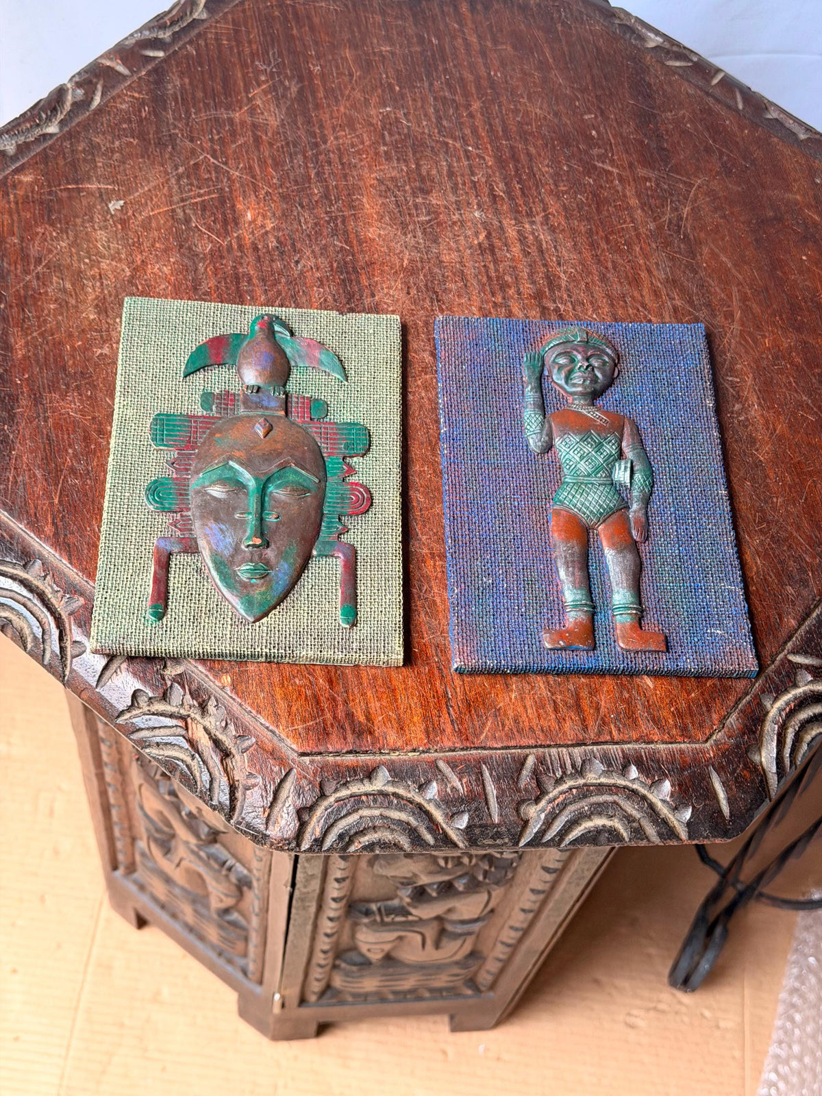 Vintage Mid-Century African Mask & Figure Wall Plaque Pair Verdigris Art