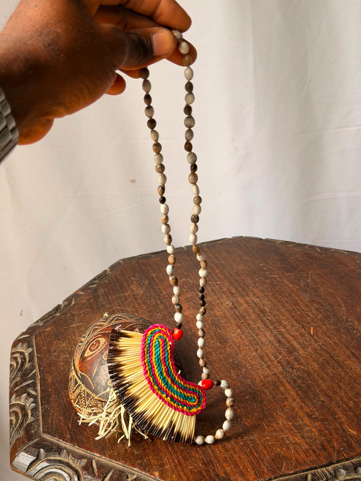 Vintage Carved Etched Gourd Mask Plaque & Hand Woven Fiber Bead Necklace Set