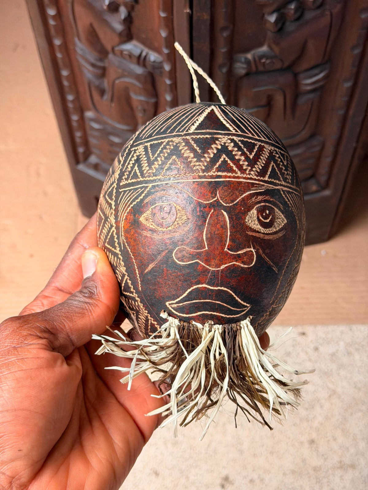 Vintage Carved Etched Gourd Mask Plaque & Hand Woven Fiber Bead Necklace Set