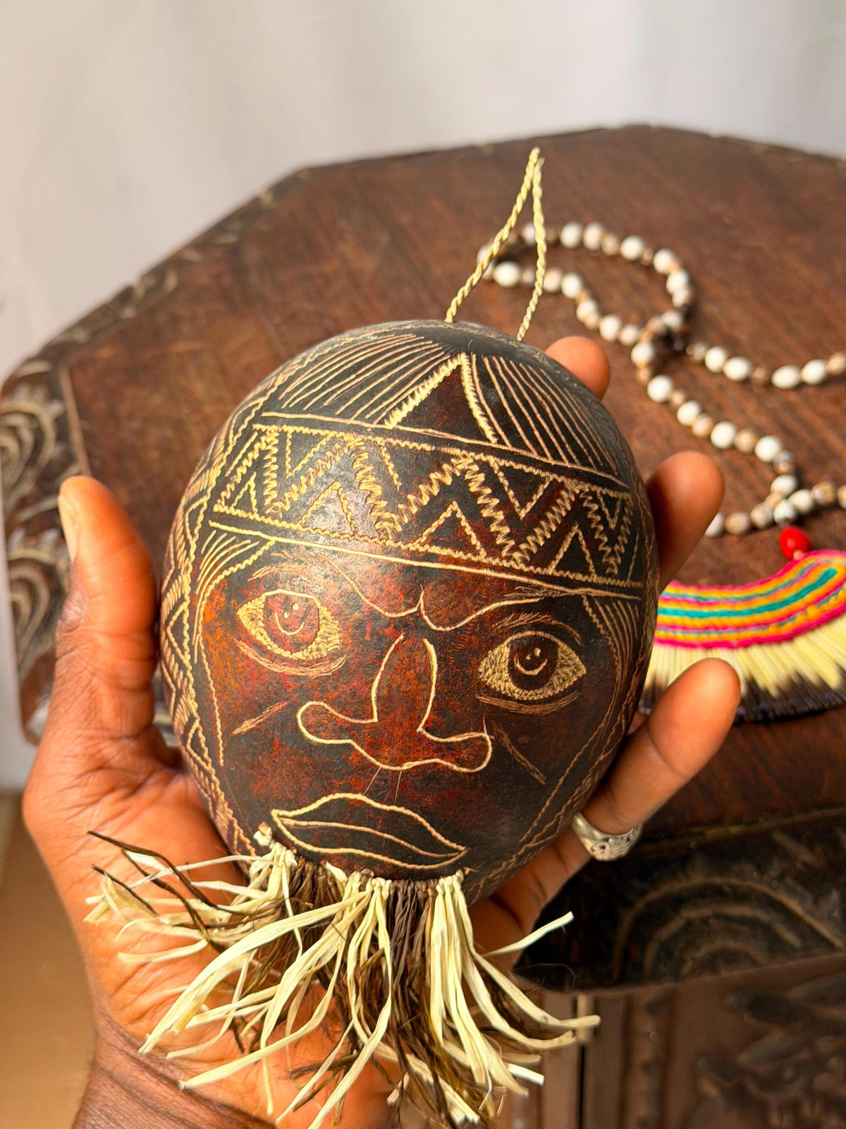 Vintage Carved Etched Gourd Mask Plaque & Hand Woven Fiber Bead Necklace Set