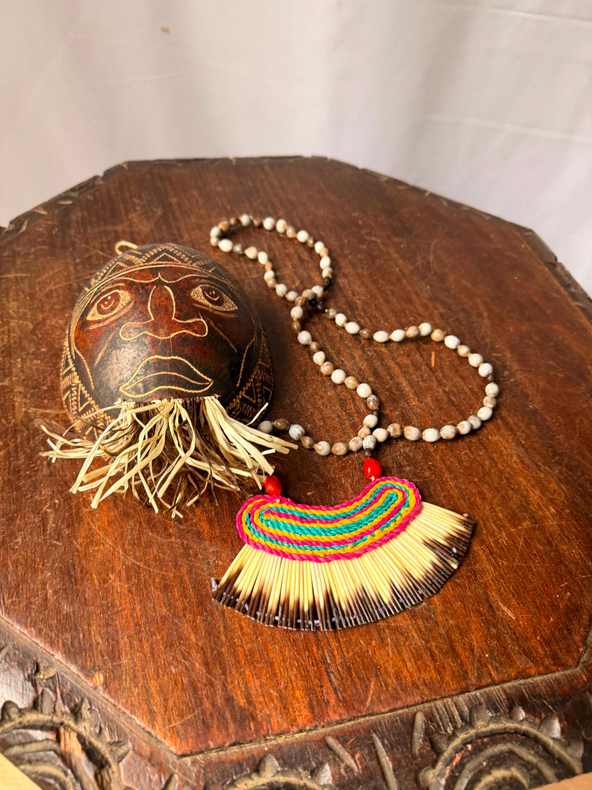 Vintage Carved Etched Gourd Mask Plaque & Hand Woven Fiber Bead Necklace Set