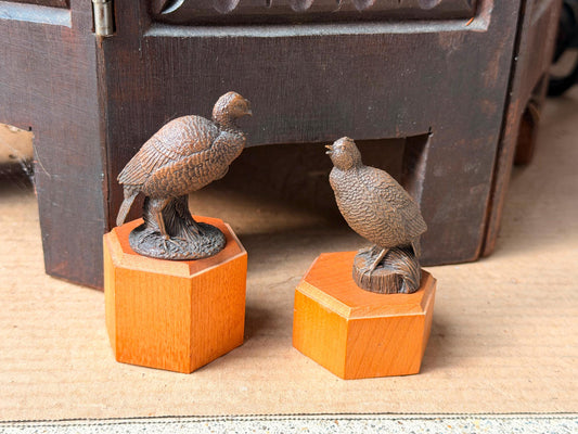 Pair Vintage 1984 Franklin Mint Bird Figurines RLB Quail Grouse Wood Stand