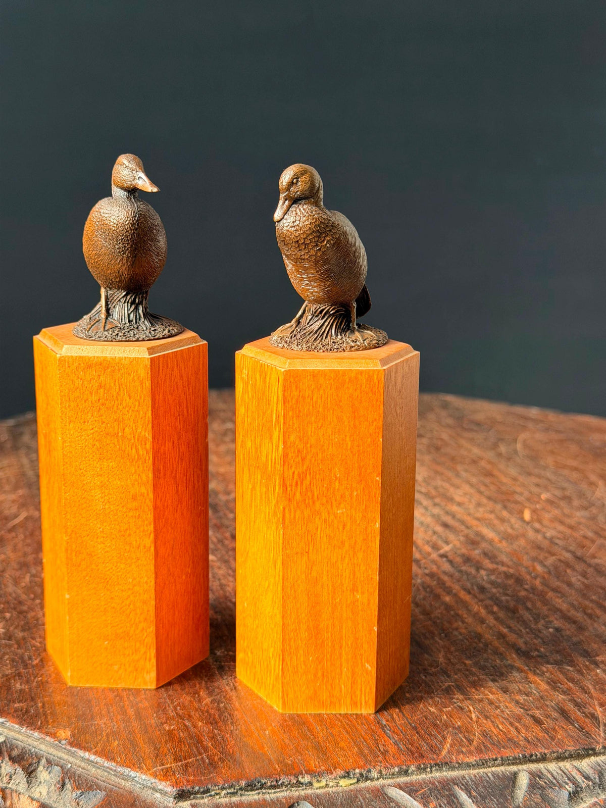 Pair Vintage 1984 Franklin Mint Duck Figurines RLB Tall Pedestal Stand