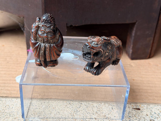Vintage Japanese Carved Wood Netsuke Figure Set Fukurokuju Sage Shishi Lion