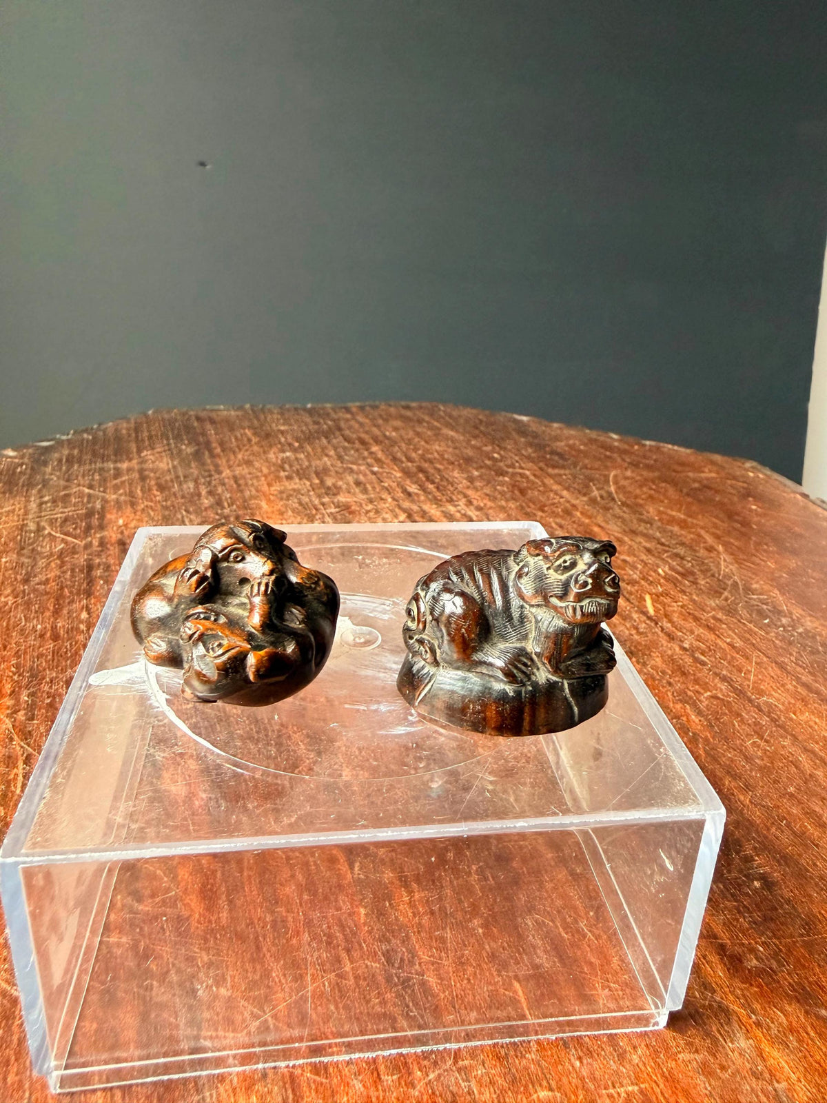 Vintage Japanese Carved Wood Netsuke Set Playing Puppies Recumbent Tiger