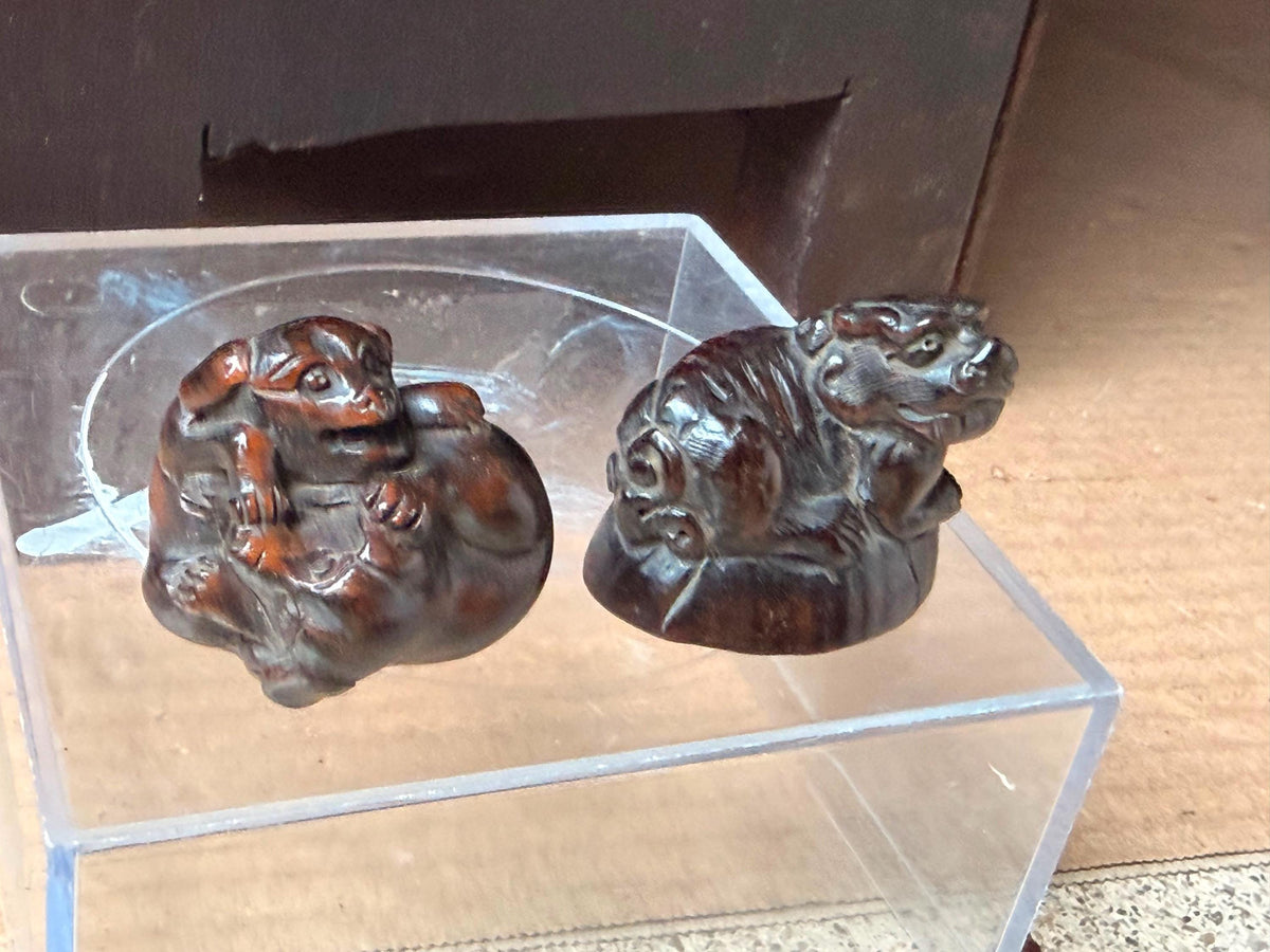 Vintage Japanese Carved Wood Netsuke Set Playing Puppies Recumbent Tiger
