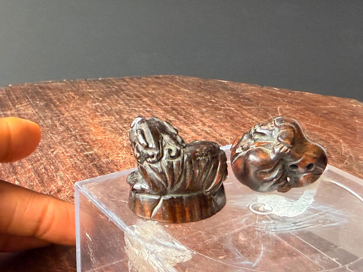 Vintage Japanese Carved Wood Netsuke Set Playing Puppies Recumbent Tiger