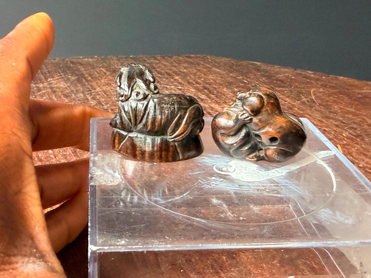 Vintage Japanese Carved Wood Netsuke Set Playing Puppies Recumbent Tiger