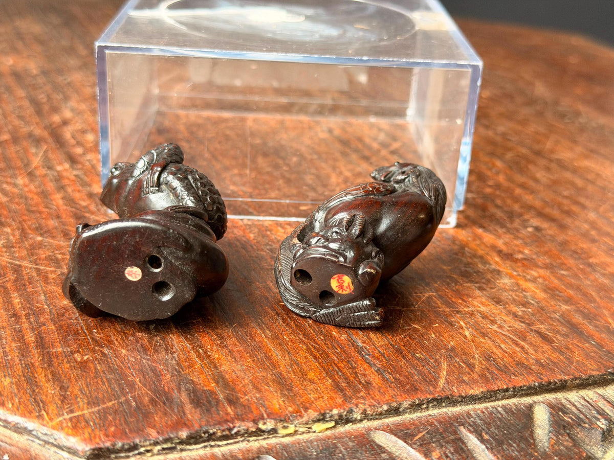 Vintage Japanese Carved Wood Netsuke Set Toad Snake & Rooster Signed