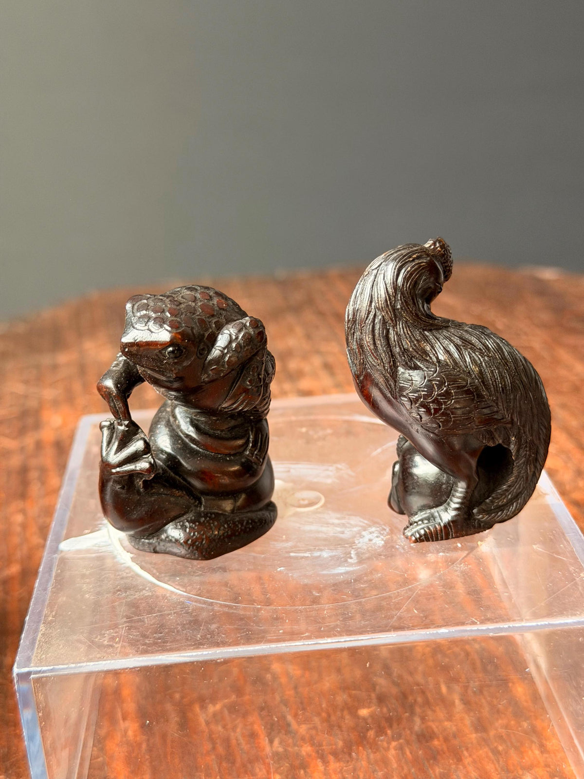 Vintage Japanese Carved Wood Netsuke Set Toad Snake & Rooster Signed