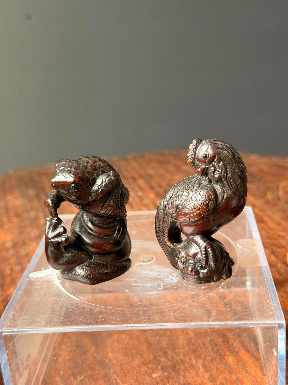 Vintage Japanese Carved Wood Netsuke Set Toad Snake & Rooster Signed