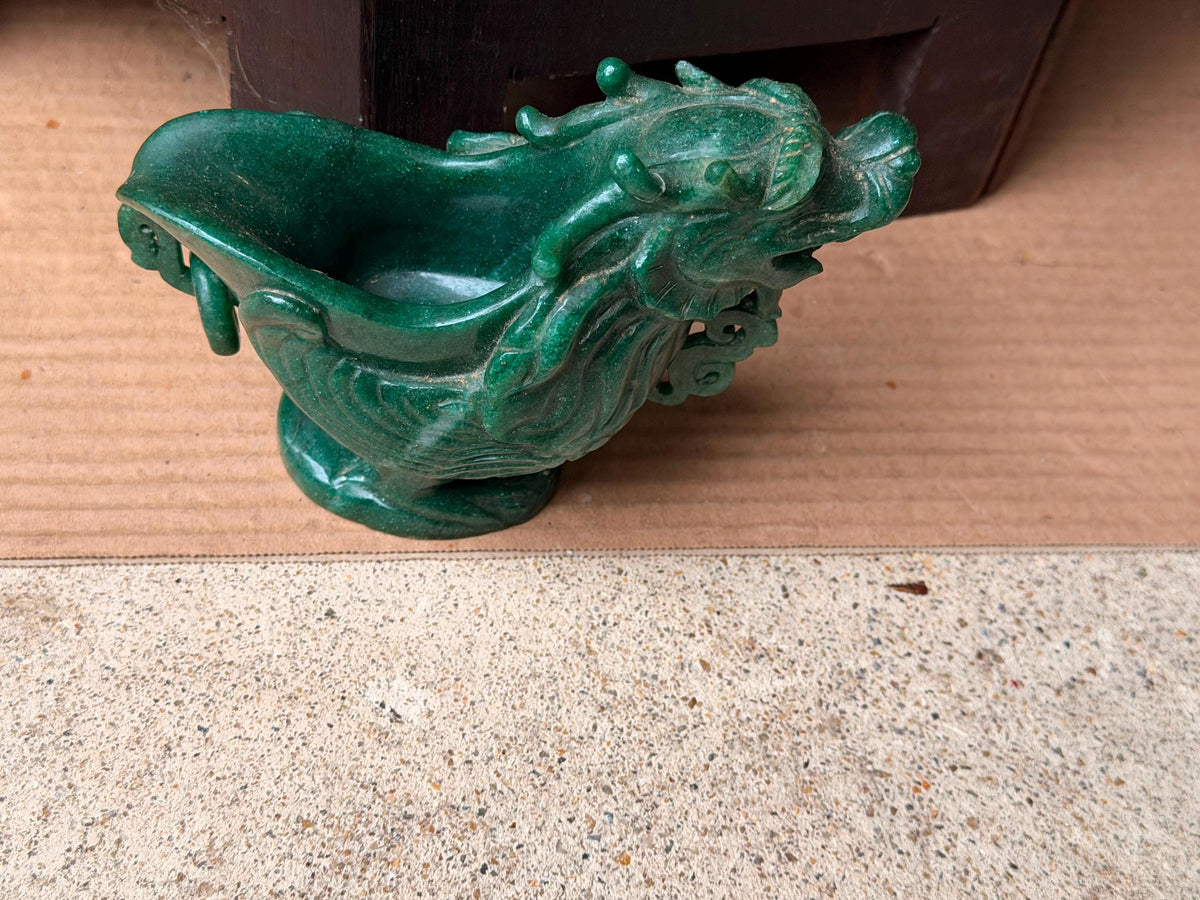 Vintage Carved Green Quartz Dragon Libation Cup Archaistic Gemstone Vessel Art