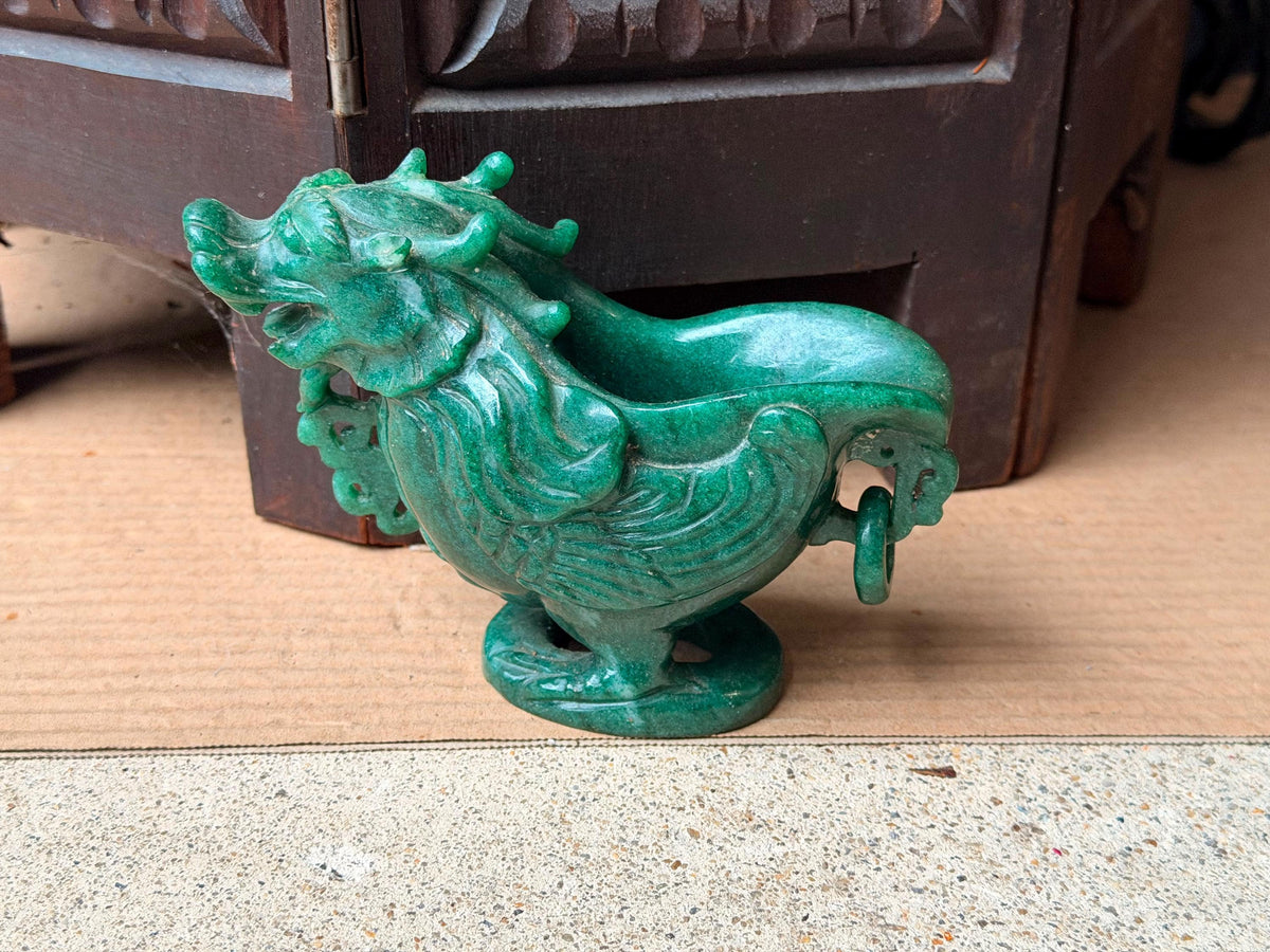 Vintage Carved Green Quartz Dragon Libation Cup Archaistic Gemstone Vessel Art