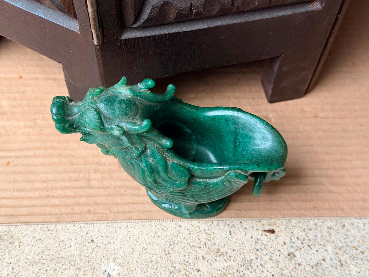 Vintage Carved Green Quartz Dragon Libation Cup Archaistic Gemstone Vessel Art