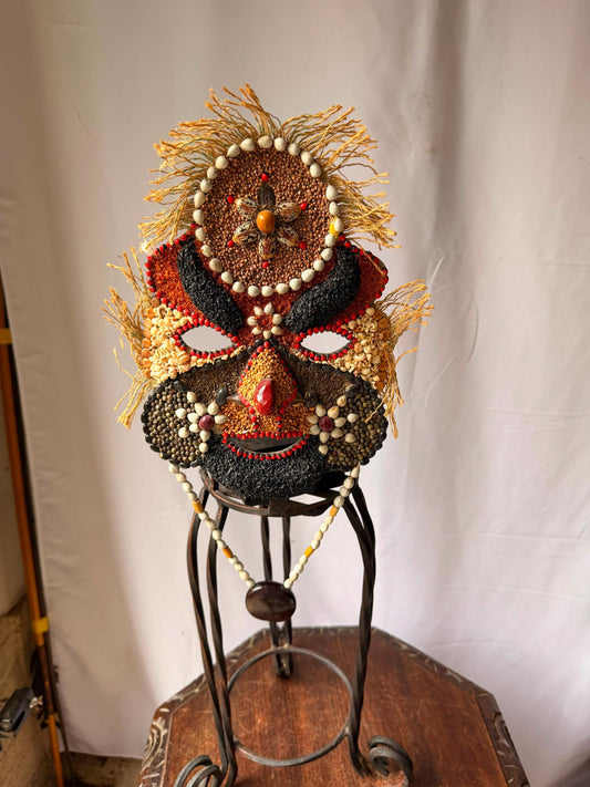 Vintage Mosaic Seed Mask Shell Botanical Folk Art Ceremonial Wall Decor 11"