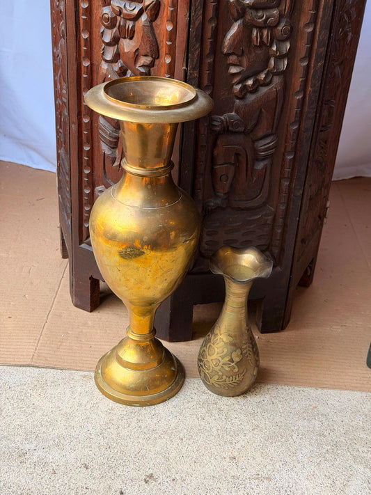 Vintage Brass Vase Pair Etched Floral & Pedestal Urn South Asian Vessel 14"