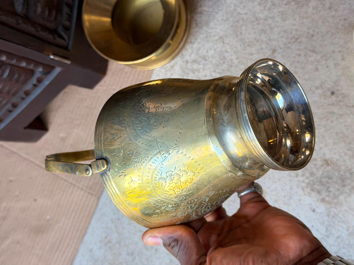 Vintage Brass Vessel Set Etched Bail Handle Pail & Flared Lota Pot Pair 5"