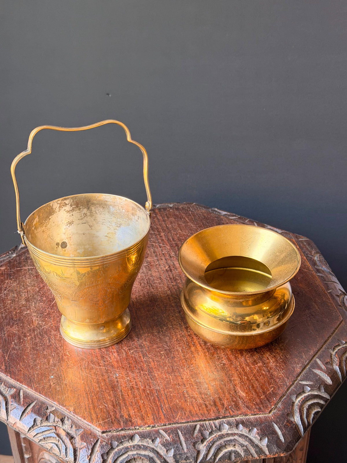 Vintage Brass Vessel Set Etched Bail Handle Pail & Flared Lota Pot Pair 5"