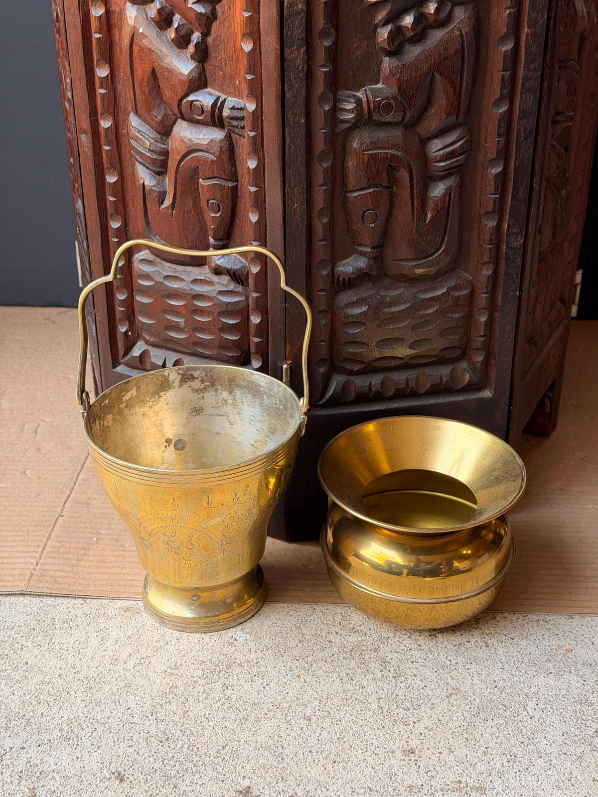 Vintage Brass Vessel Set Etched Bail Handle Pail & Flared Lota Pot Pair 5"