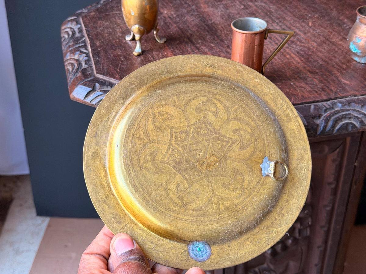Vintage Brass Copper Miniature Vessel Set Etched Tray Middle Eastern Art 7.8"
