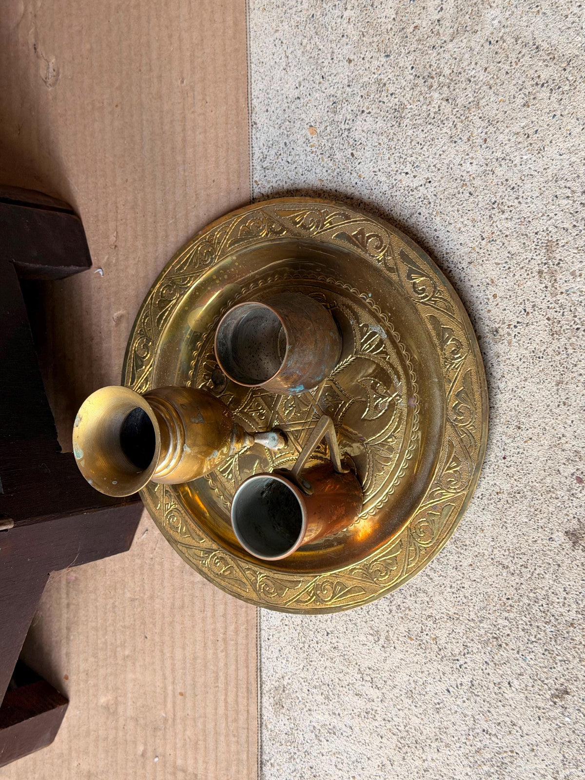 Vintage Brass Copper Miniature Vessel Set Etched Tray Middle Eastern Art 7.8"