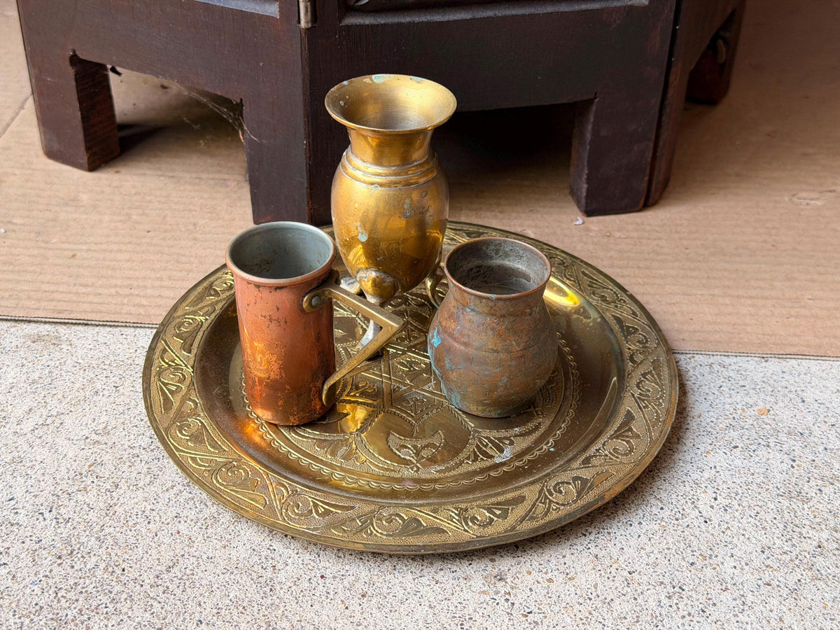 Vintage Brass Copper Miniature Vessel Set Etched Tray Middle Eastern Art 7.8"