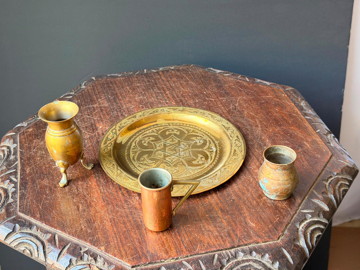 Vintage Brass Copper Miniature Vessel Set Etched Tray Middle Eastern Art 7.8"