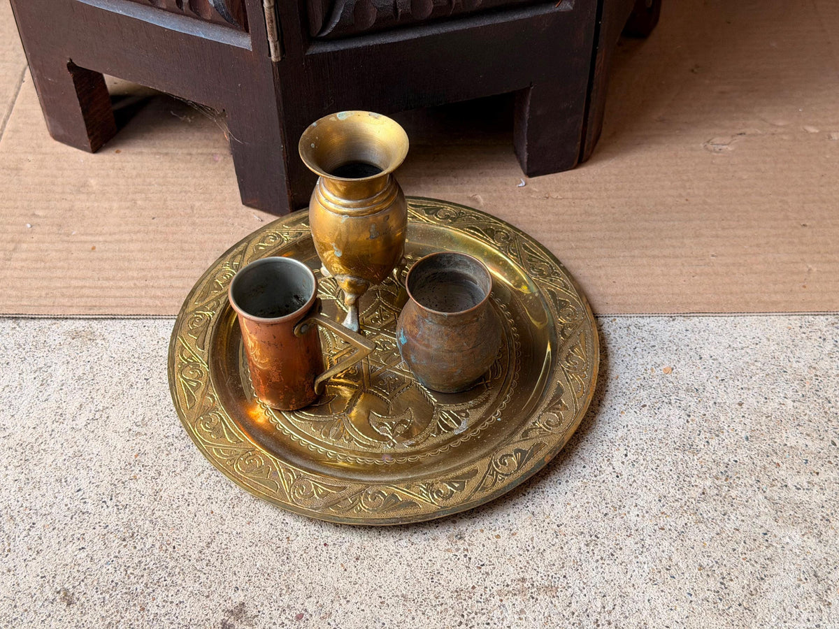 Vintage Brass Copper Miniature Vessel Set Etched Tray Middle Eastern Art 7.8"
