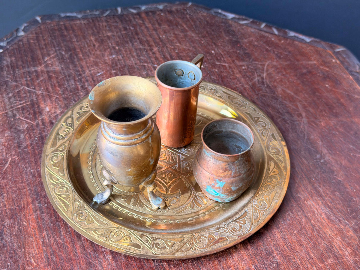 Vintage Brass Copper Miniature Vessel Set Etched Tray Middle Eastern Art 7.8"