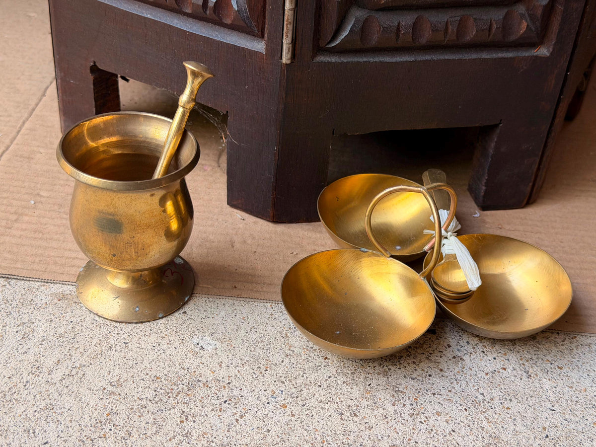 Vintage Brass Mortar Pestle & 3 Bowl Condiment Spice Dish Server Set 6"