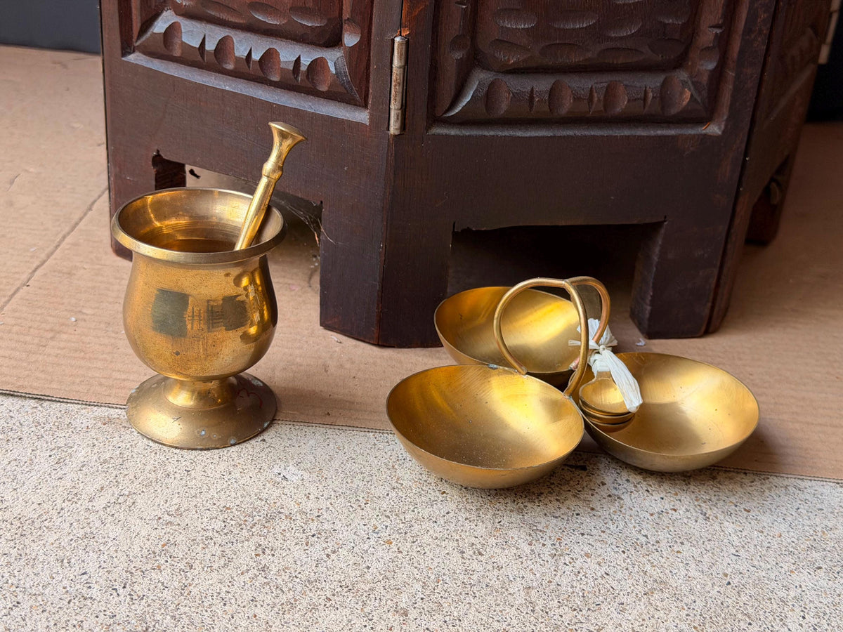 Vintage Brass Mortar Pestle & 3 Bowl Condiment Spice Dish Server Set 6"