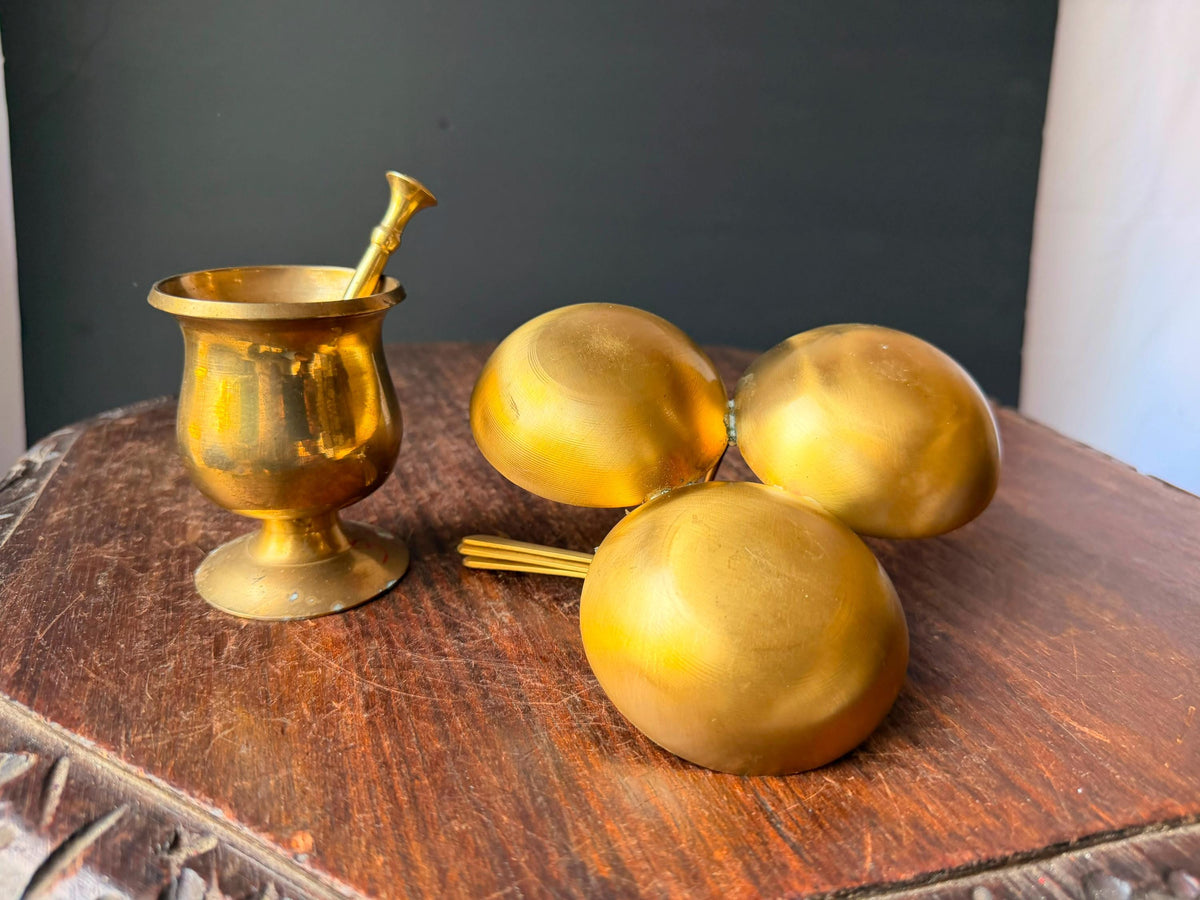 Vintage Brass Mortar Pestle & 3 Bowl Condiment Spice Dish Server Set 6"