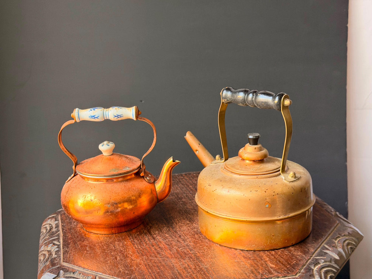 Vintage English Simplex Solid Copper Tea Kettle Set Porcelain Handle Pair 8.5"