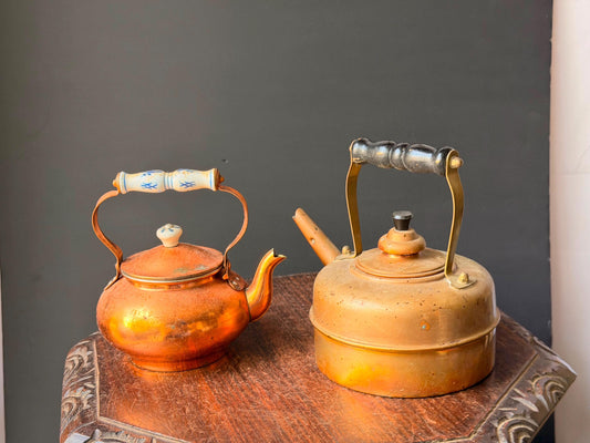 Vintage English Simplex Solid Copper Tea Kettle Set Porcelain Handle Pair 8.5"