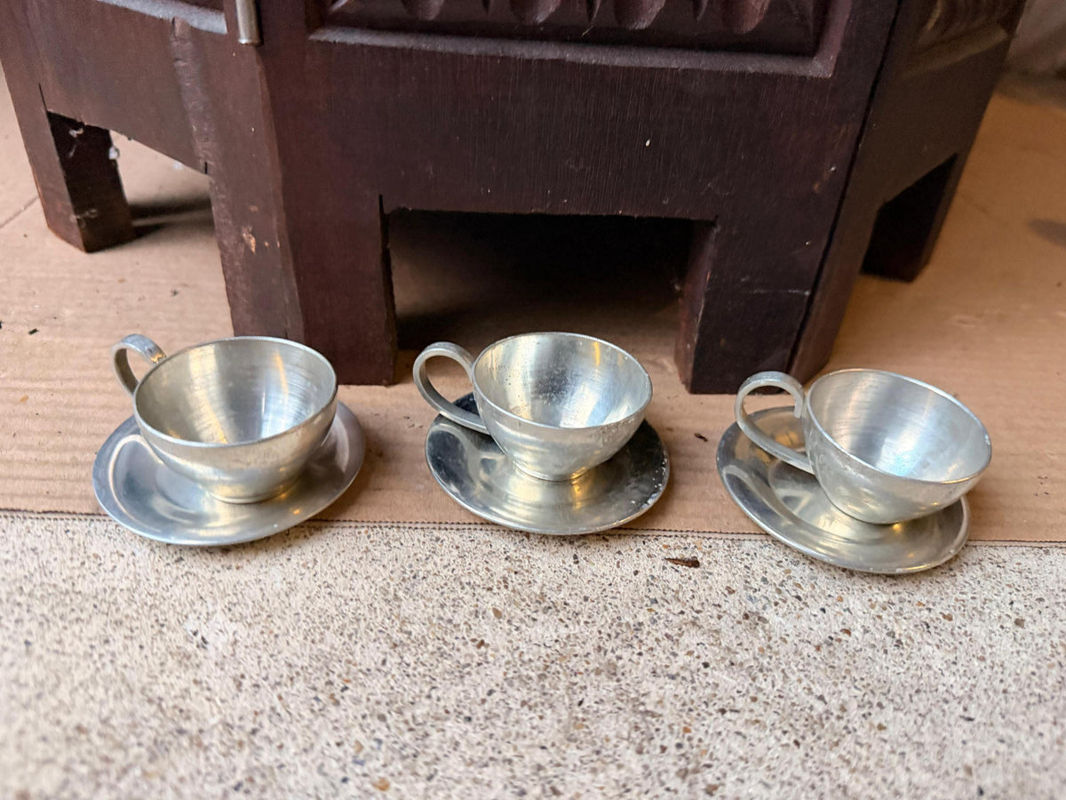 Vintage Banka Tin Pewter Demitasse Cups Saucers Set Djakarta MCM 3pc