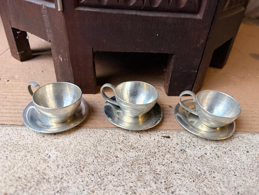 Vintage Banka Tin Pewter Demitasse Cups Saucers Set Djakarta MCM 3pc